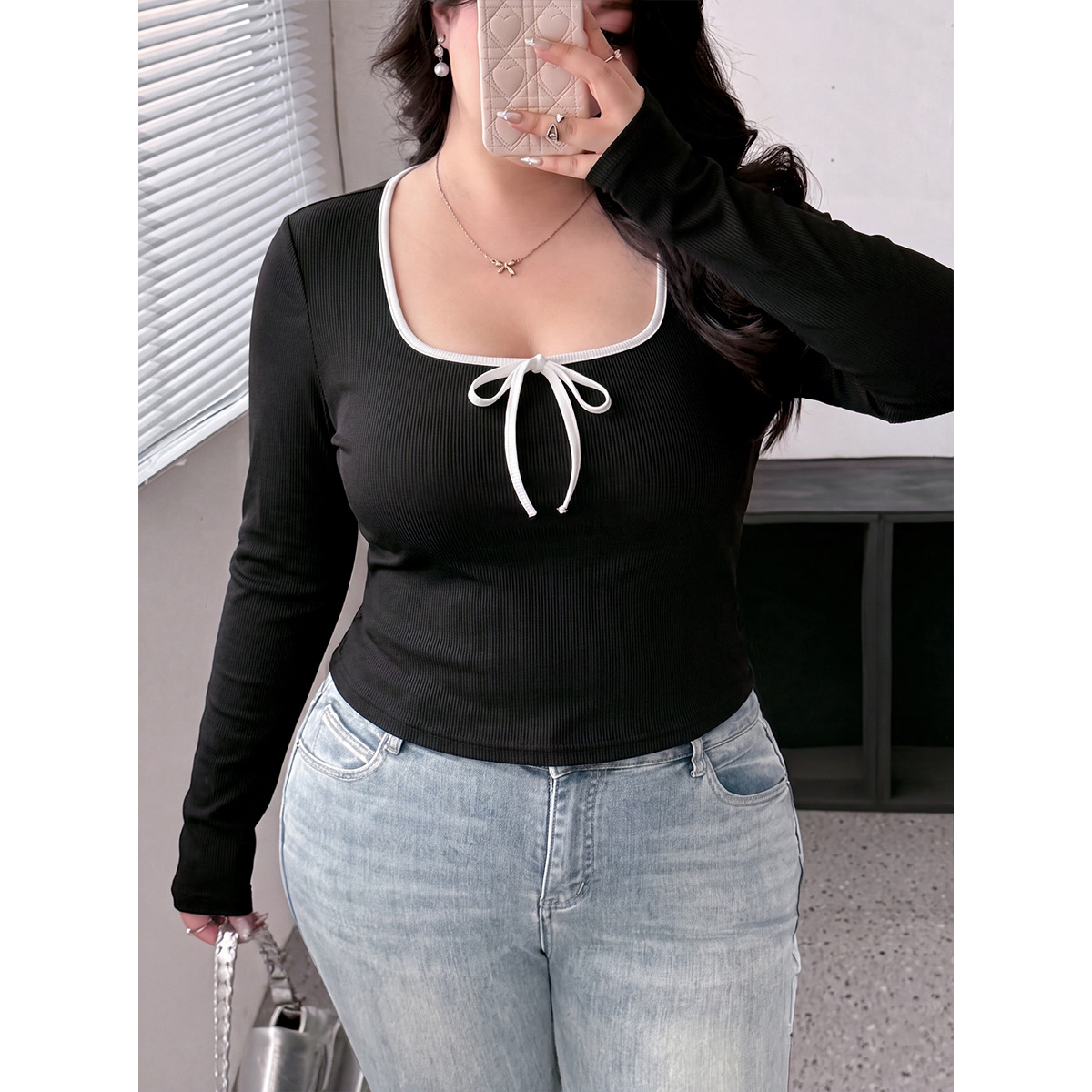 Plus Size Colorblock Square Neck Bow Long Sleeve Knit Top