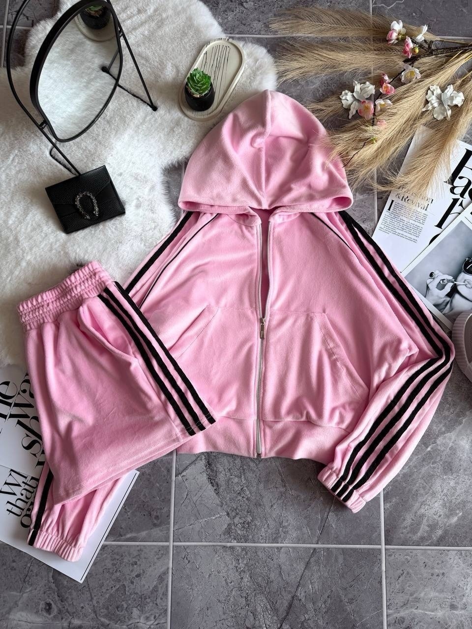 Velvet Color-Block Striped Zip Cardigan & Elastic Shorts Set
