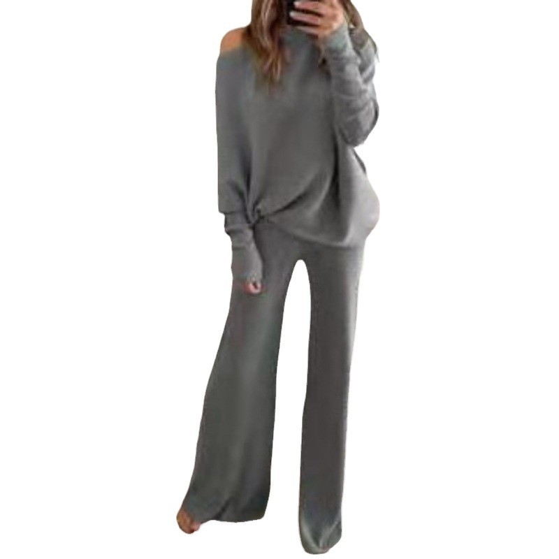 Solid Color Batwing Sleeve Drawstring High Waist Wide Leg Knit Two-Piece Pants Set