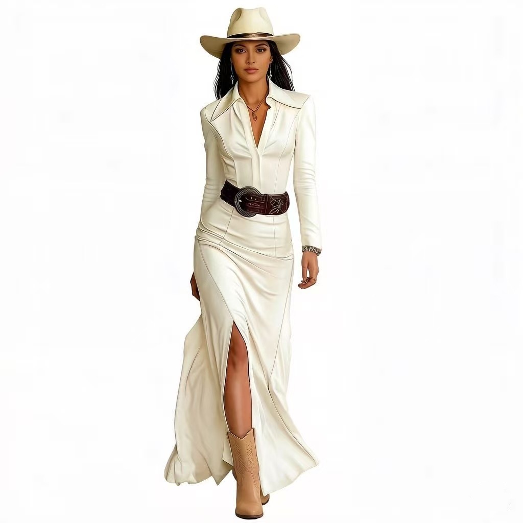 Women's Long Sleeve Collared High Slit Long Shirt Dress
