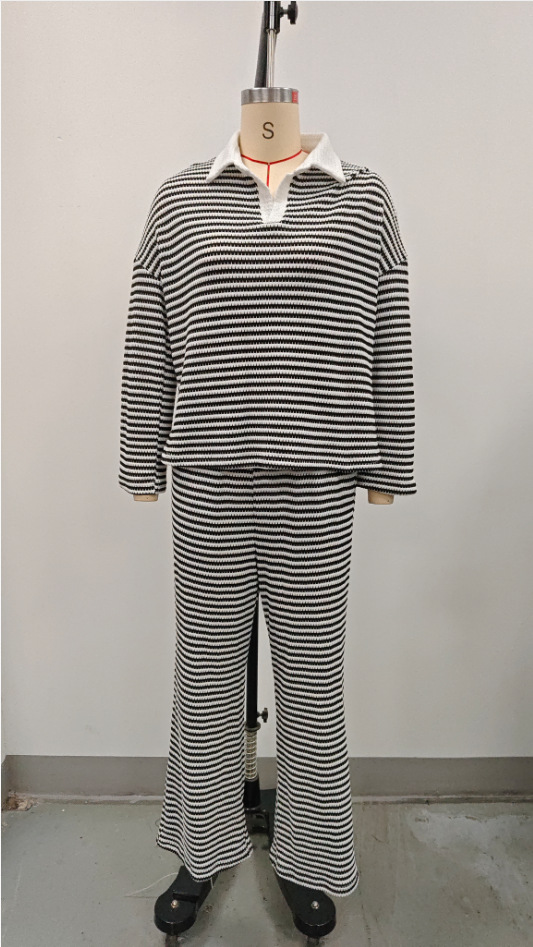 Striped Textured Polo Long Sleeve Top & High-Waist Wide-Leg Pants Set