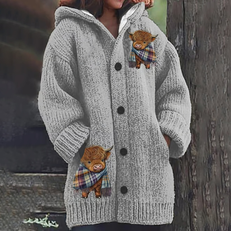Women's Vintage Animal Print Hooded Button Cardigan