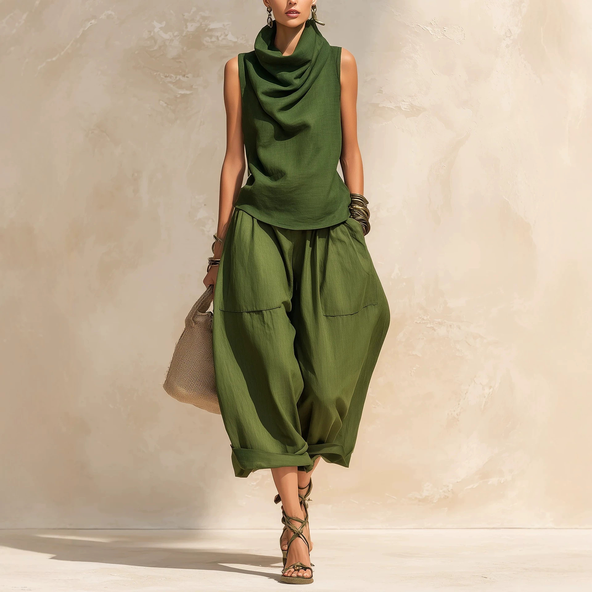 Women's Cowl Neck Sleeveless Top & Wide-Leg Pants Set Linen-Blend Casual
