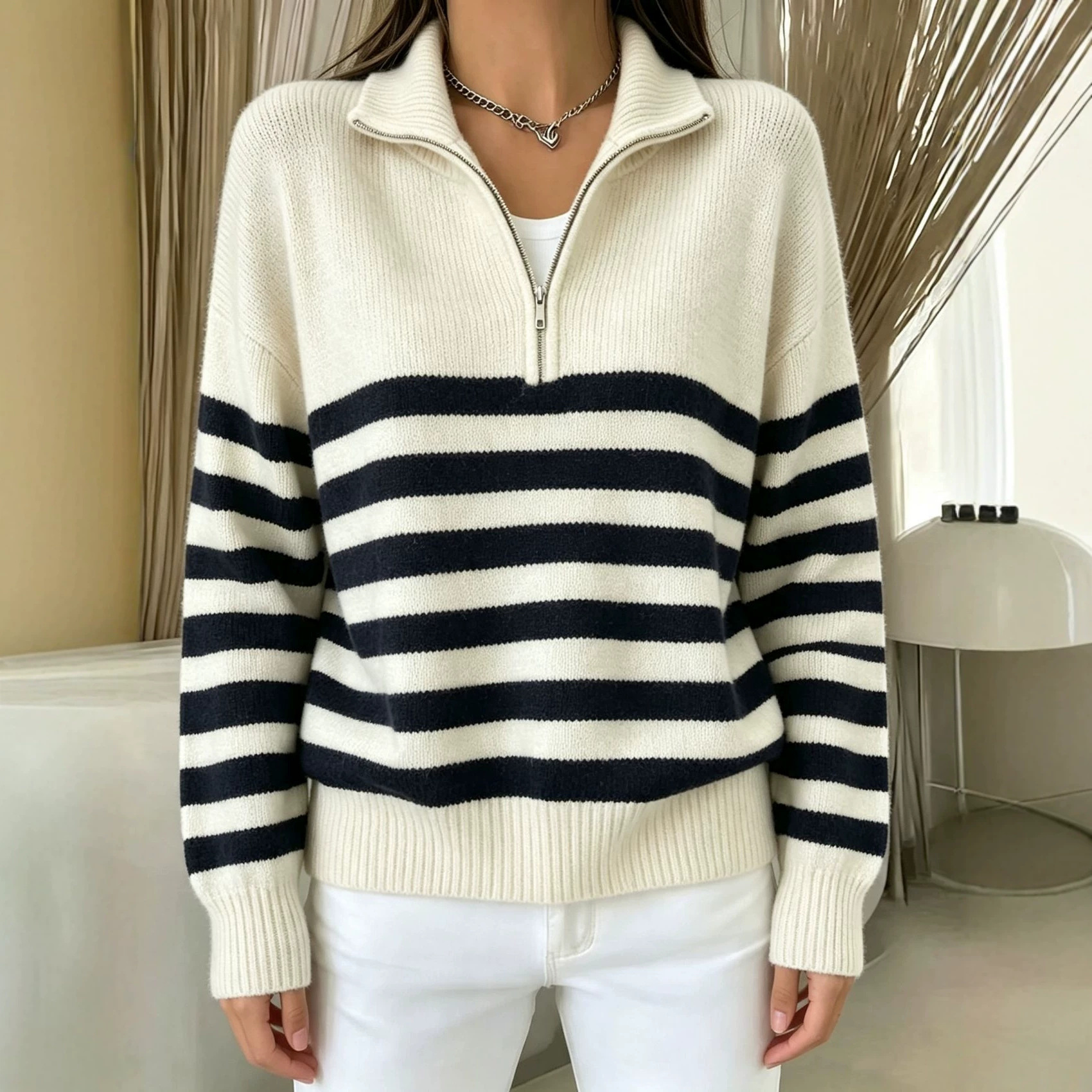 Striped Color-Block Half-Zip Sweater