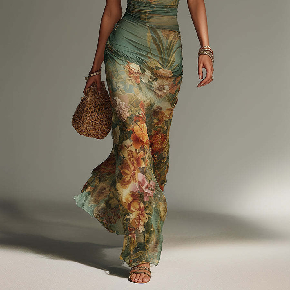Women's Vintage Floral Halter Backless Bodycon Maxi Dress