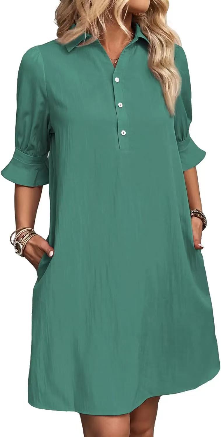 Women's Casual Loose Solid Color A-Line Dress with Collar and Buttons