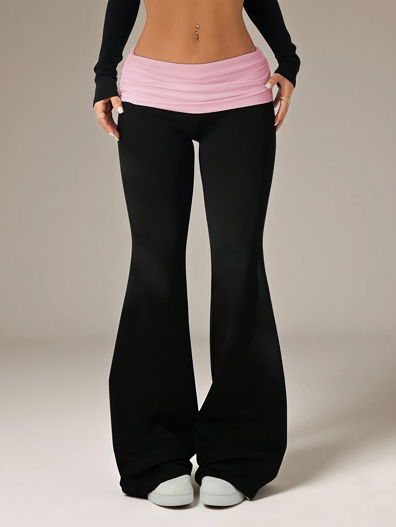 Low-Rise Fold-Over Waist Flare Pants High-Stretch Bodycon