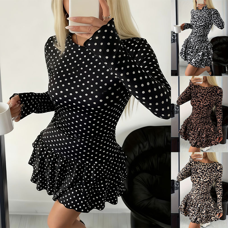 Polka Dot Long Sleeve Round Neck Ruffle Hem Mini Dress