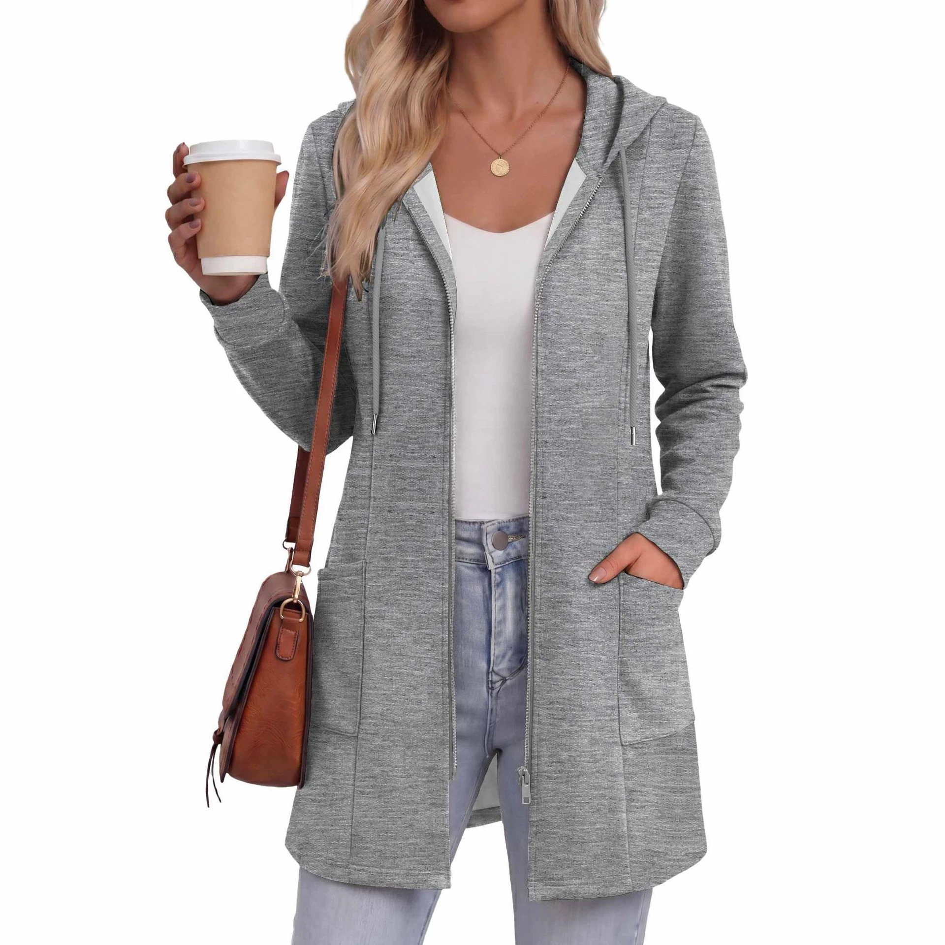 Women's Solid Color Mid-Length Zip-Up Hoodie Casual Sweatshirt Jacket