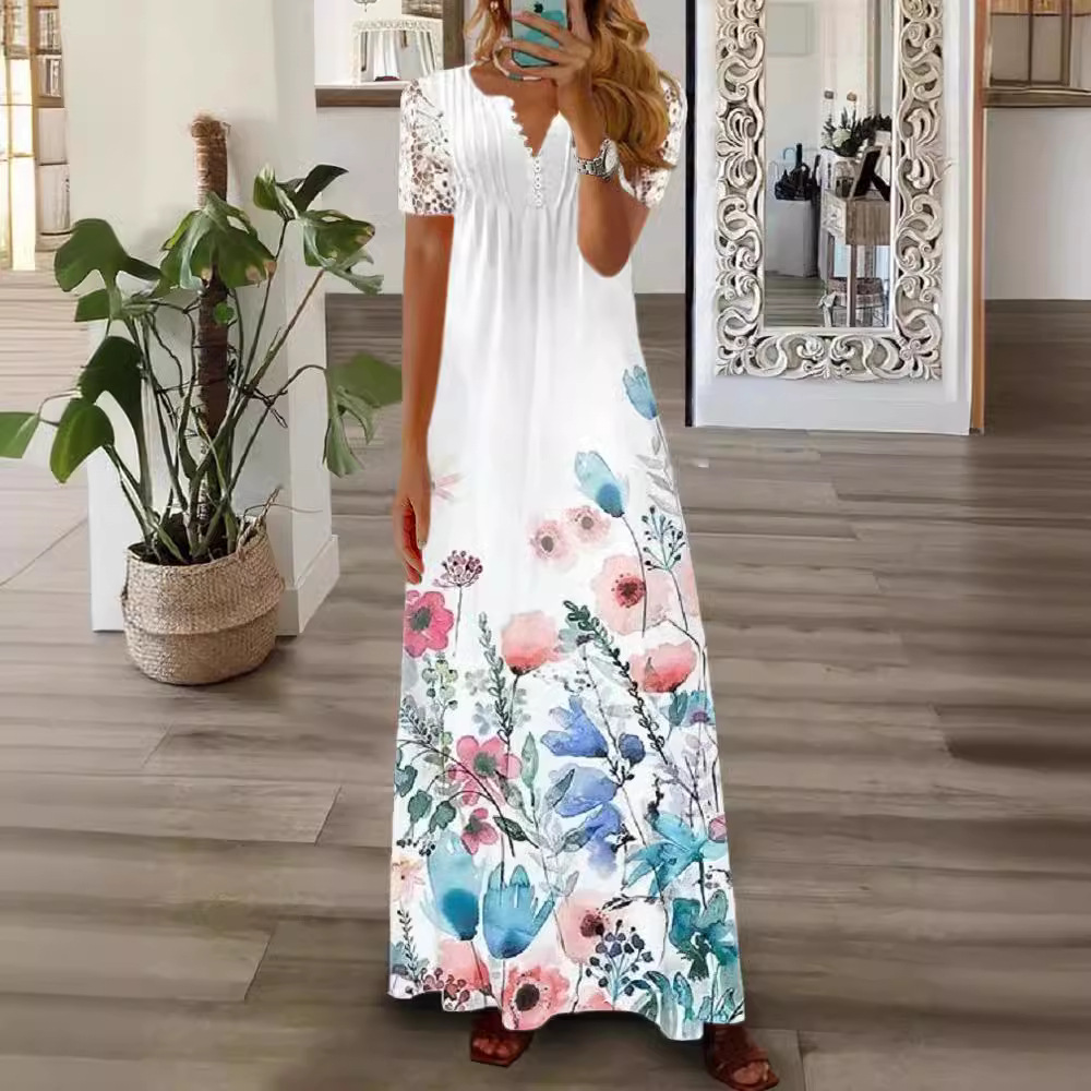 Floral Print Lace Short Sleeve Dress