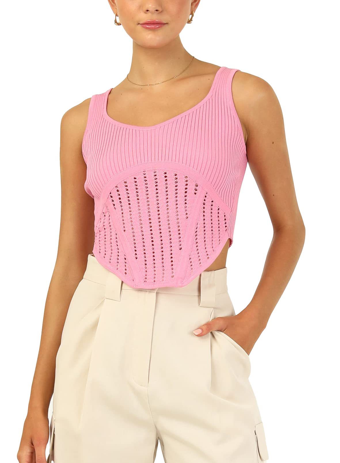 Women's Sleeveless Round Neck Asymmetric Cropped Knit Top