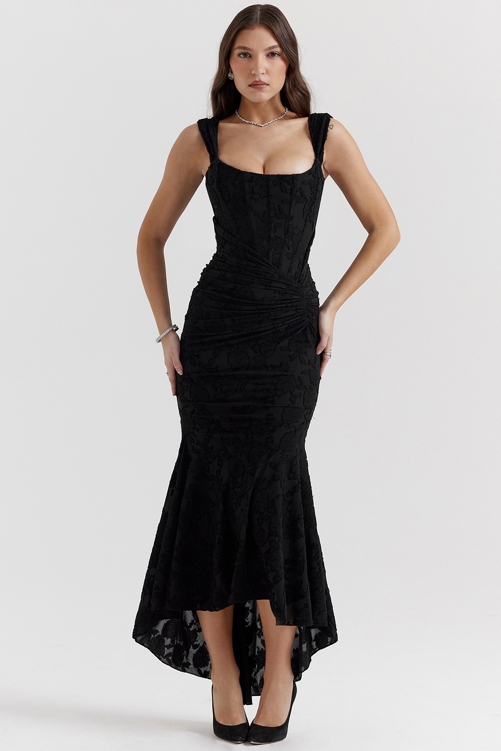 Square-Neck Sleeveless Jacquard Mermaid Maxi Dress with High Waist