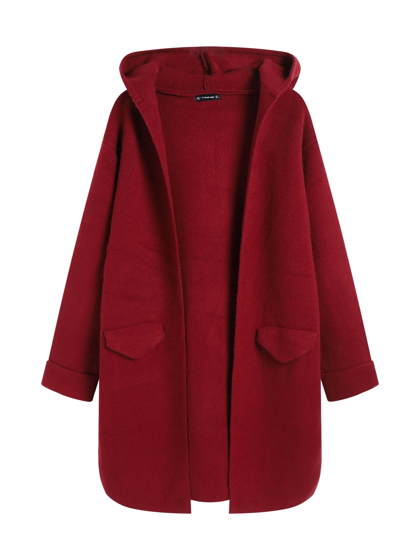Women's Hooded Open-Front Wool Cardigan Sweater, Mid-Length Long Sleeve, Solid Color