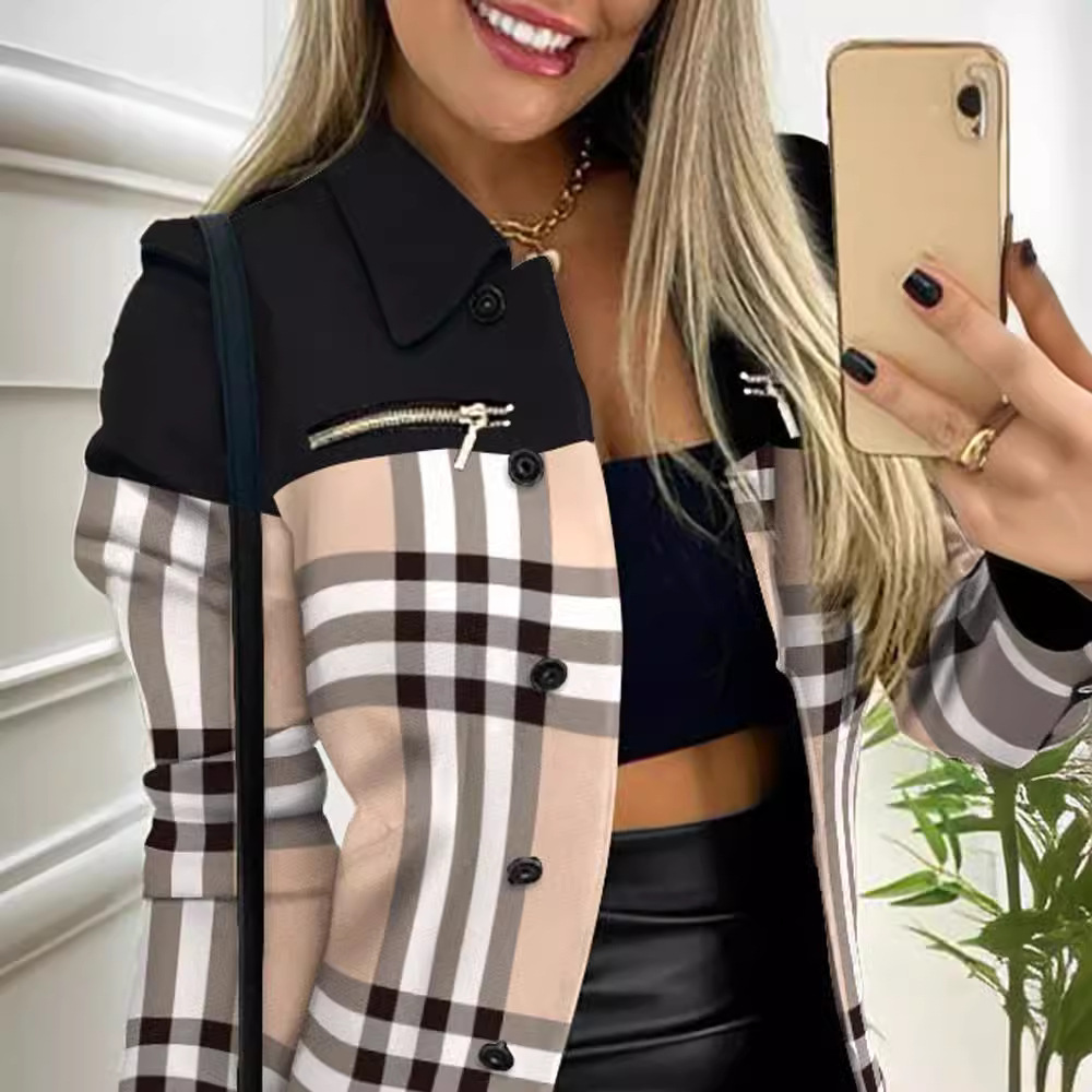 Women's Colorblock Print Zip-Up Collared Jacket