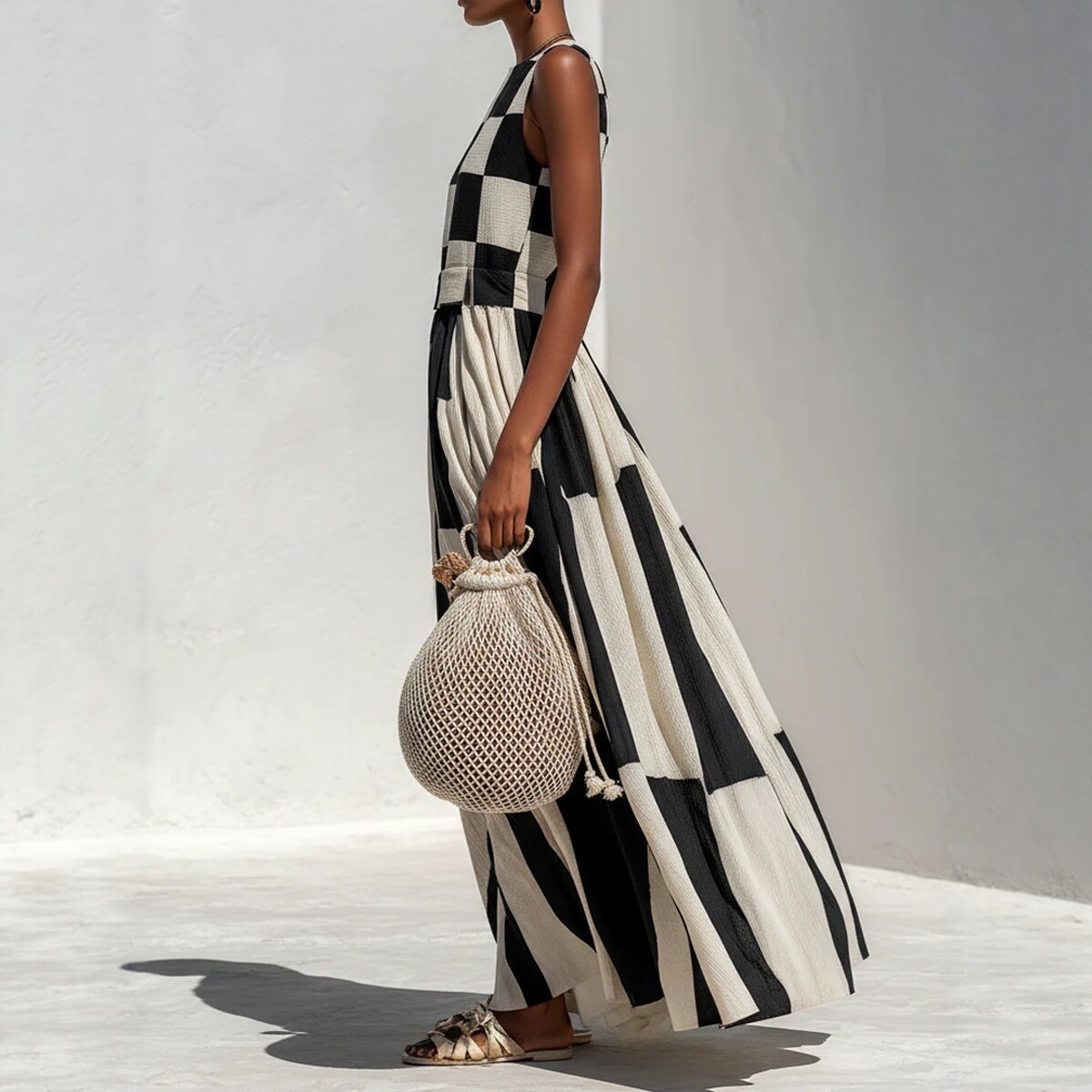 Black and White Plaid Sleeveless A-Line Maxi Dress