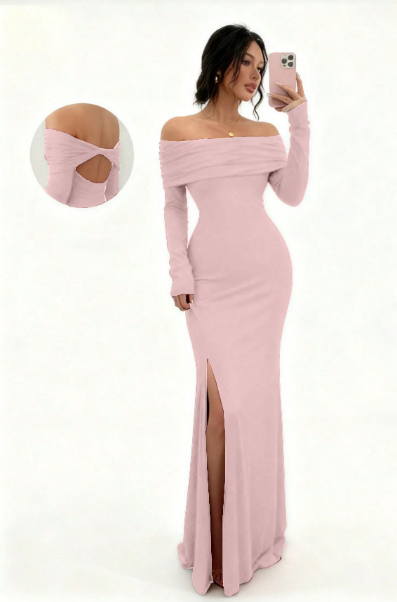 Long Sleeve Off-Shoulder Slit Bodycon Midi Dress
