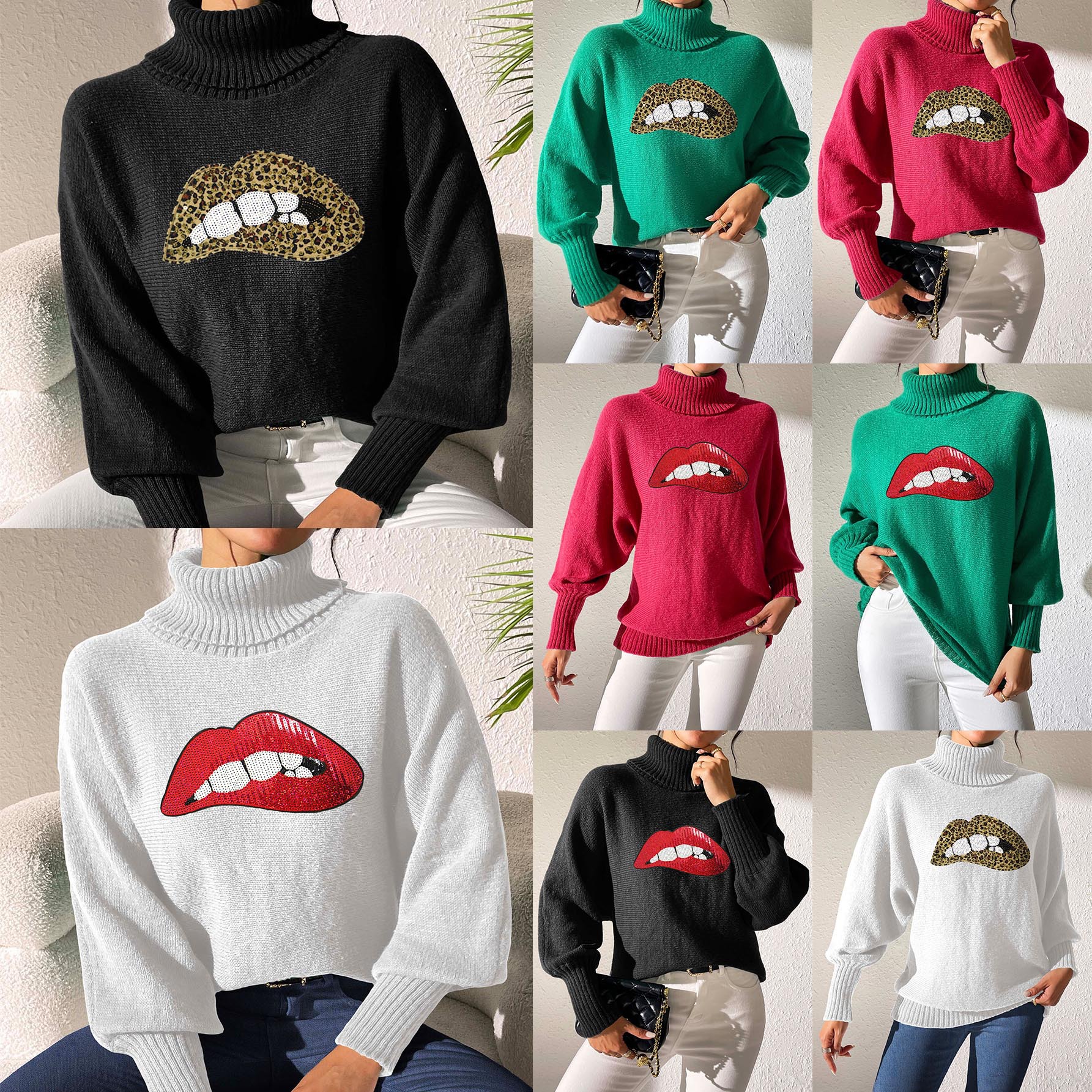 Women's Sequin Embroidered Cartoon Lips Turtleneck Pullover Sweater