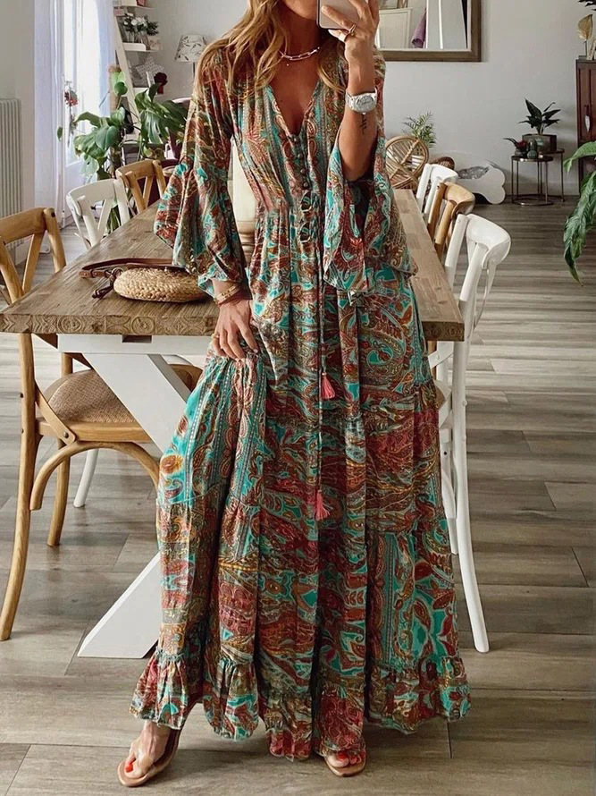 Bohemian Floral Print V-Neck High-Waist Flare-Sleeve Maxi Dress