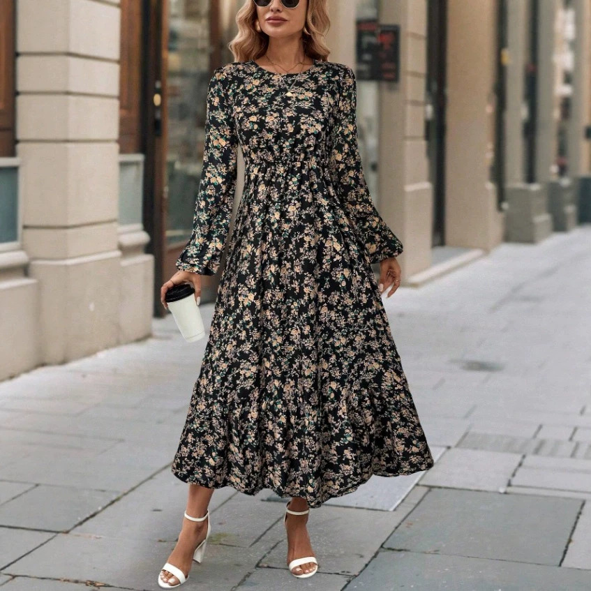 Vintage Floral Print Long Sleeve A-Line Dress