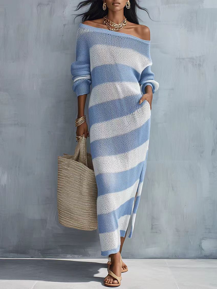 One-Shoulder Striped Knit Long Dress with Cutout and Slit