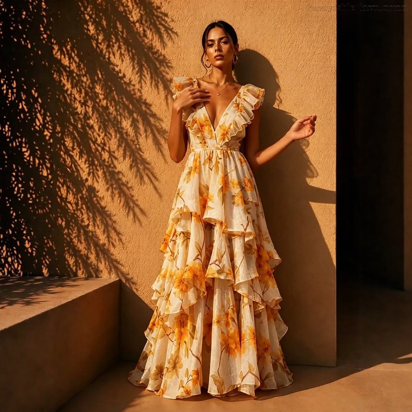 French Ruffle V-Neck Floral Print Maxi Dress