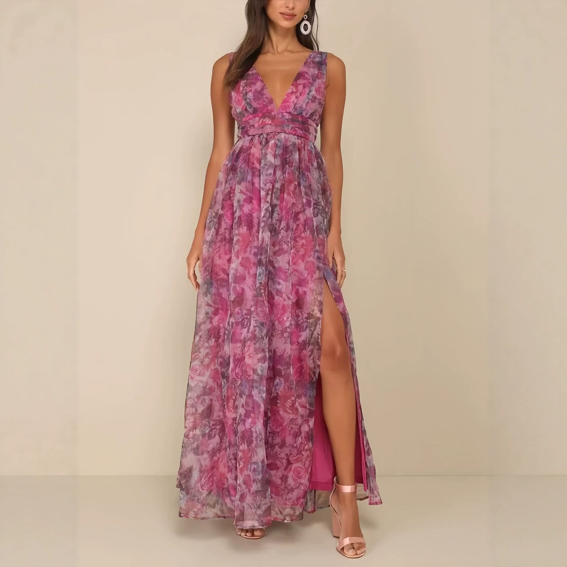 Purple Pink Ombre Floral Deep V Sleeveless Slit Maxi Dress
