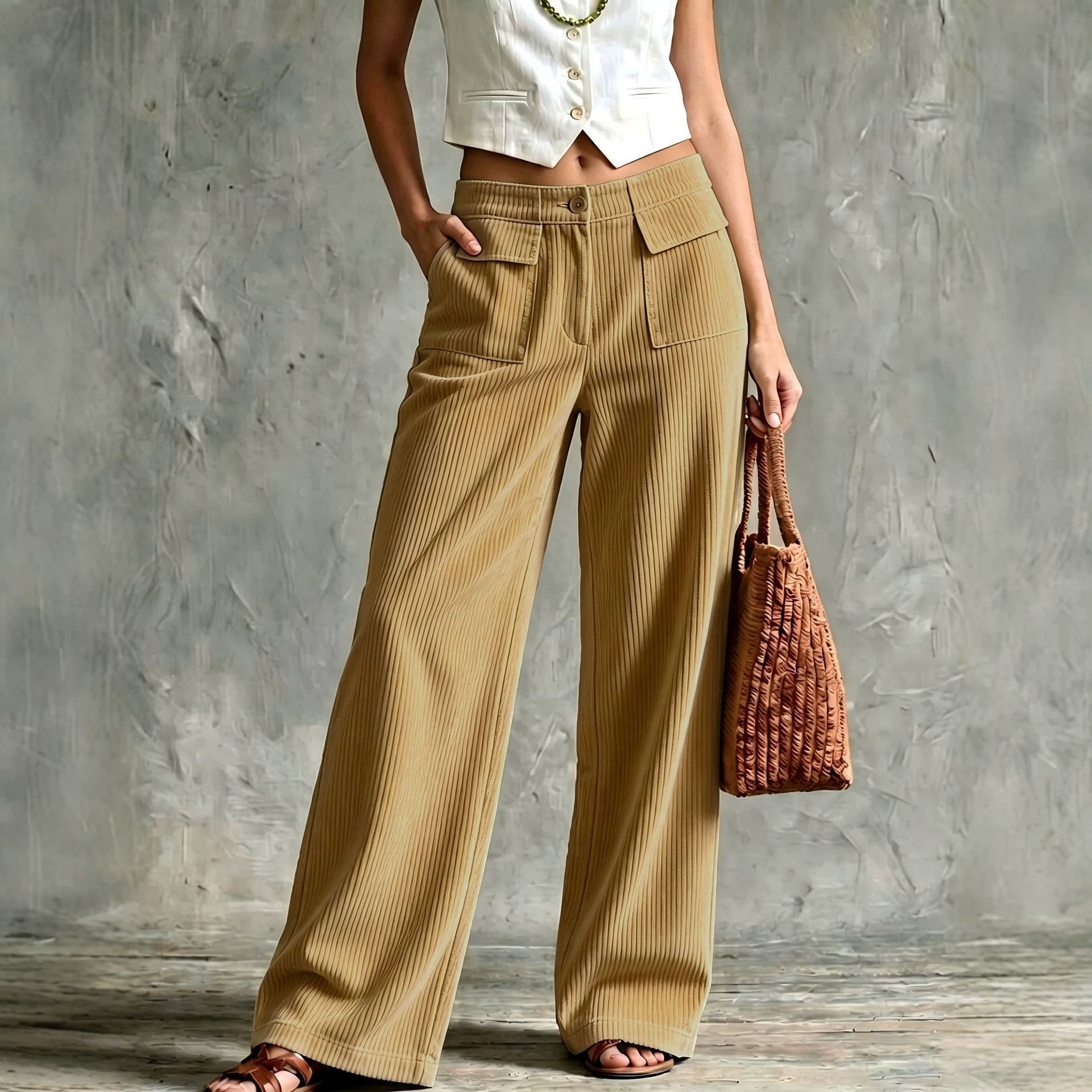 Women's High-Waist Corduroy Wide-Leg Pants Solid Color Casual