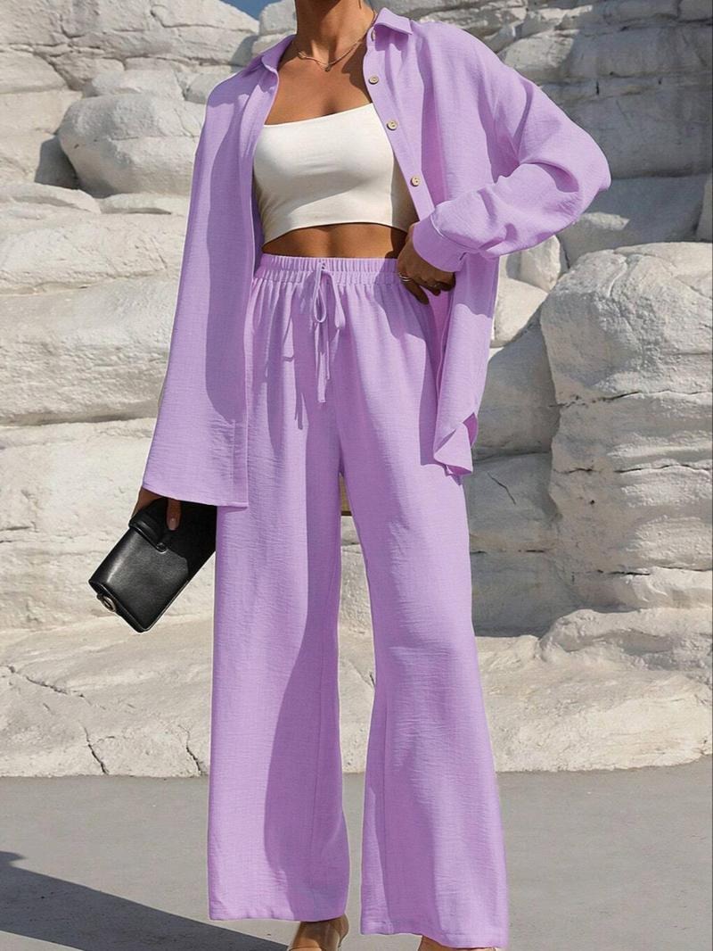 Women's Plus Size Long Sleeve Cardigan & Pants Two-Piece Set Solid Color Casual
