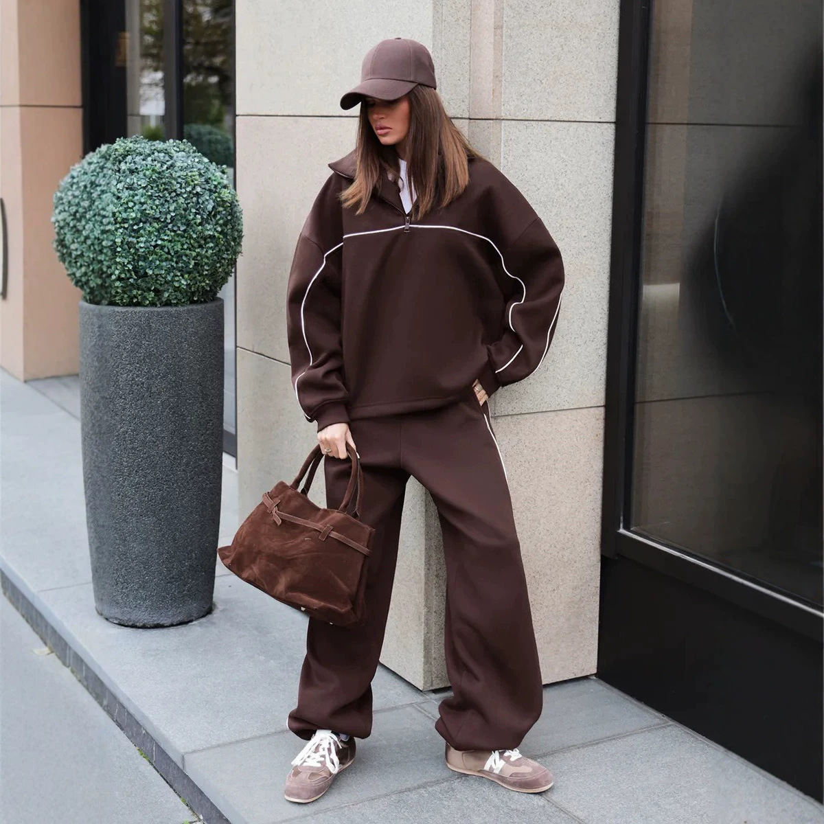 Women's Casual Solid Color Long Sleeve Half-Button Top and Elastic Waist Pants Two-Piece Set