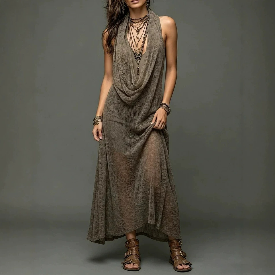 Bohemian Halter Knit Maxi Dress Two-Piece Set