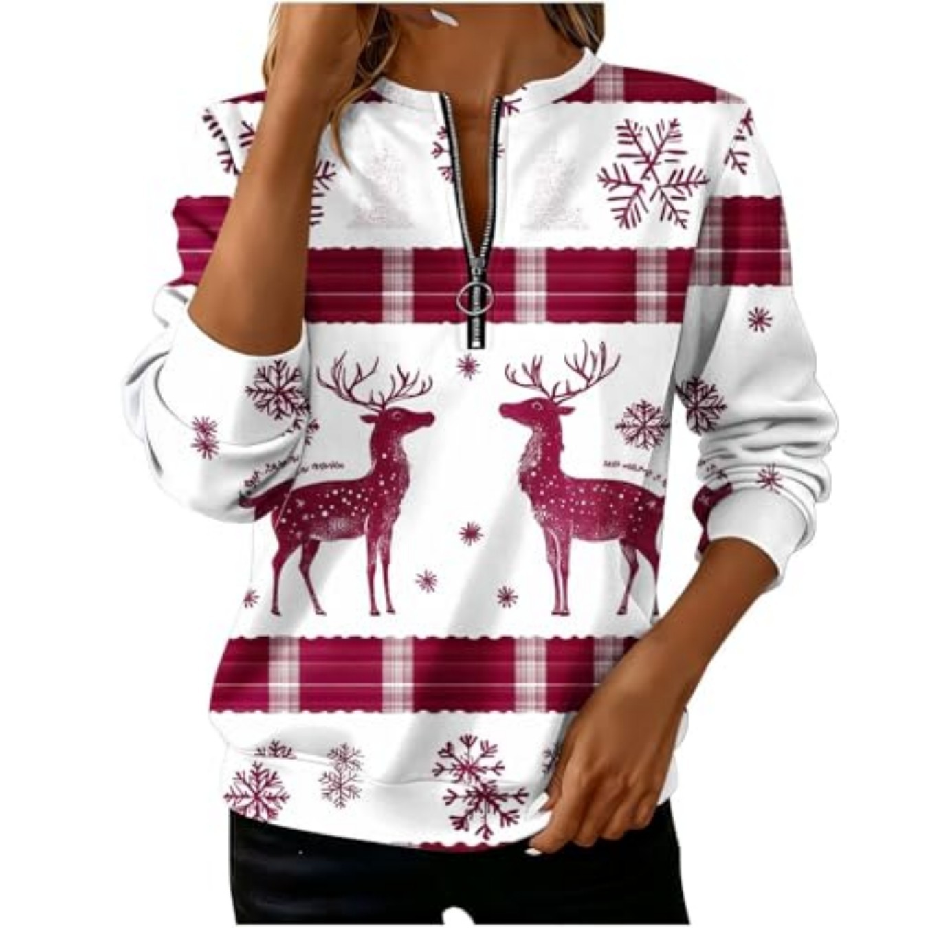 Plaid Snowflake Print Half-Zip Hoodie