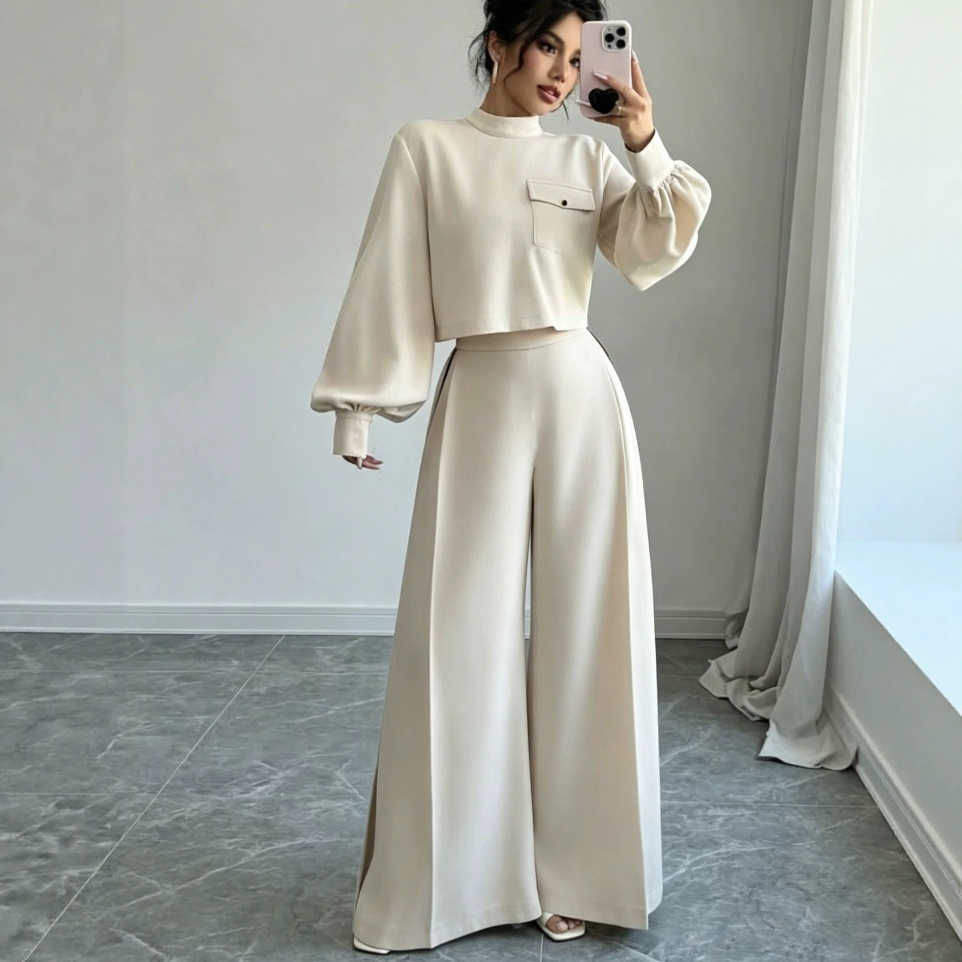 Women's Solid Color Wide-Leg Pants Set with Long-Sleeve Cropped Top