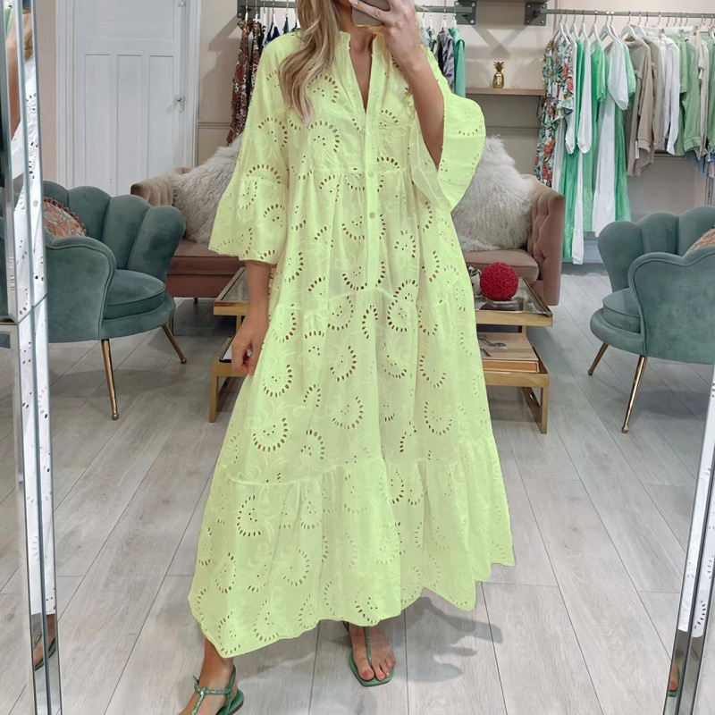 Women's French V-Neck Bell Sleeve Lace Hollow Out Long Dress
