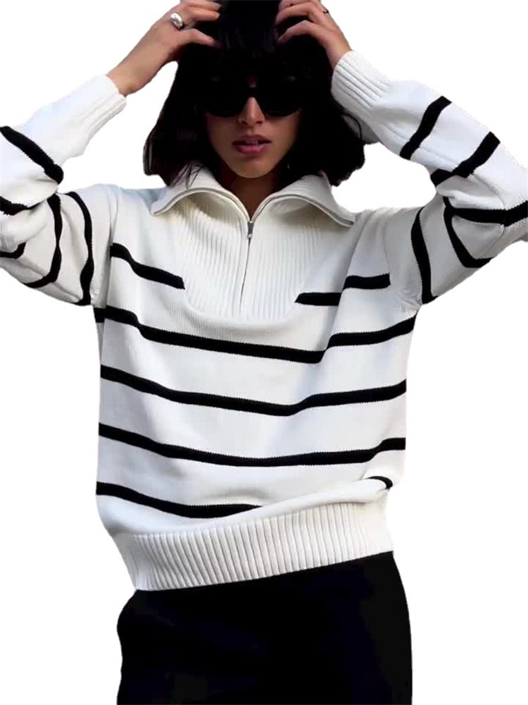 Women's Striped Knit Sweater with Collar and Zip, Loose Fit, Long Sleeve, Colorblock