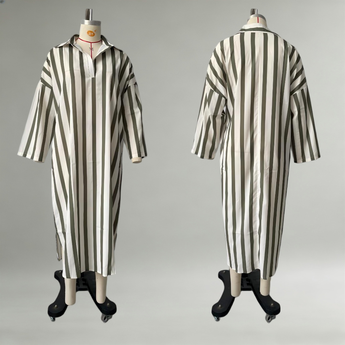 Women's Loose V-Neck Striped Long Shirt Dress with 3/4 Sleeves