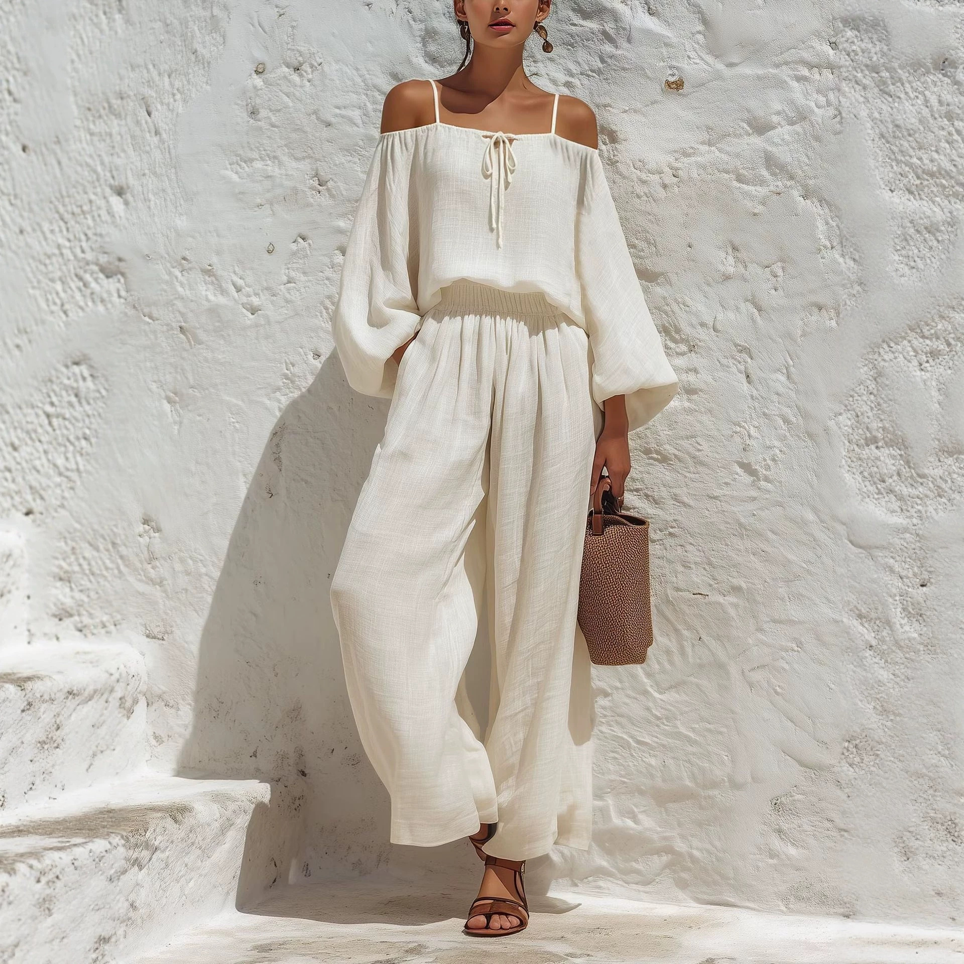 Off-Shoulder Long-Sleeve Top & Wide-Leg Pants Two-Piece Set