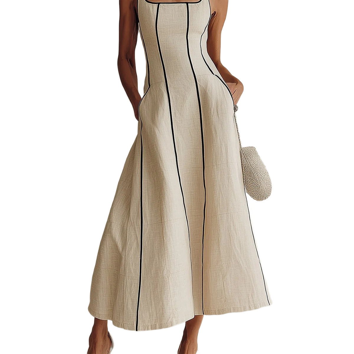 French Square-Neck Contrast Stitch Linen Midi Dress with Pockets