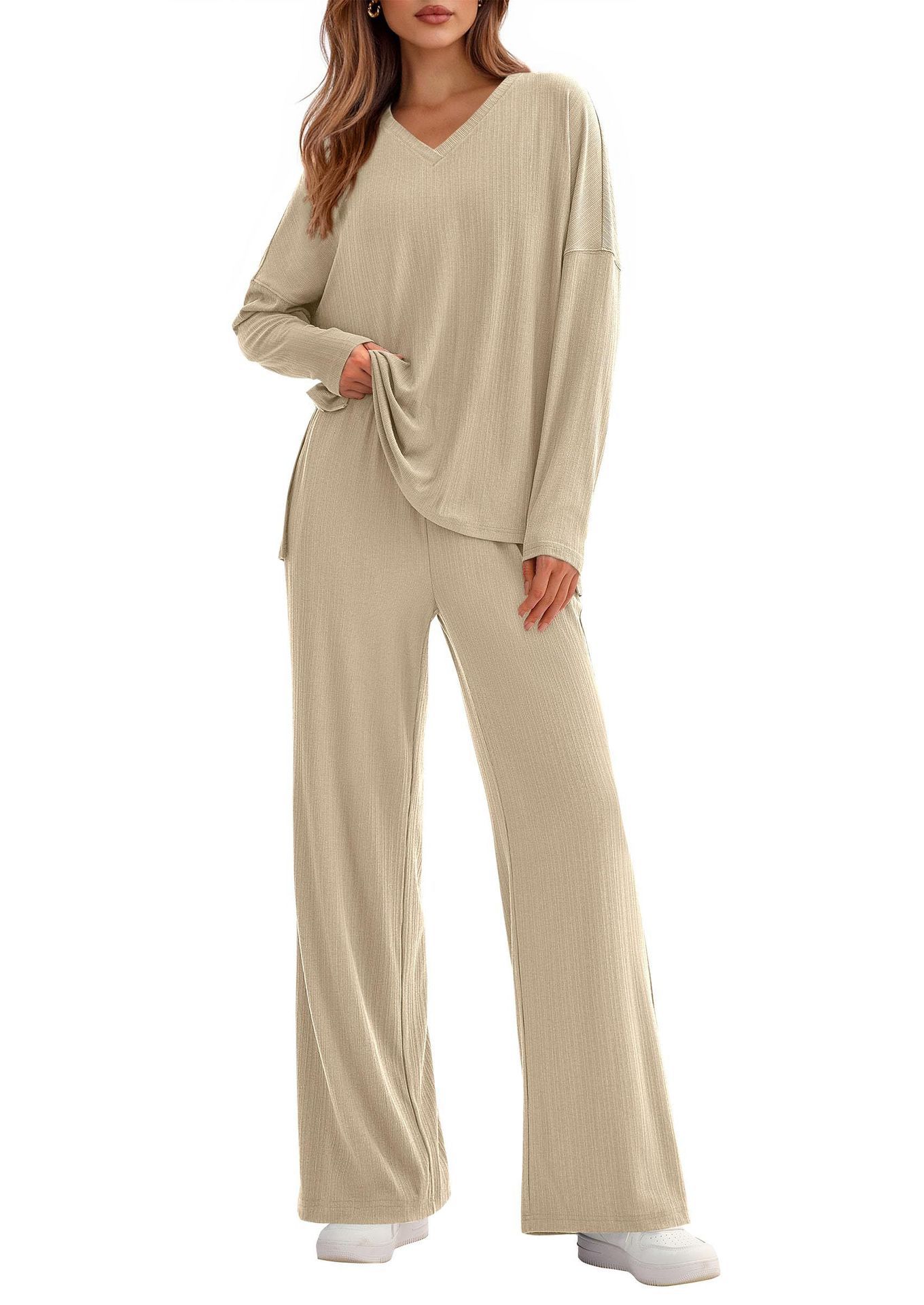 Women's Relaxed Long-Sleeve Top and Pants Two-Piece Set with Pockets