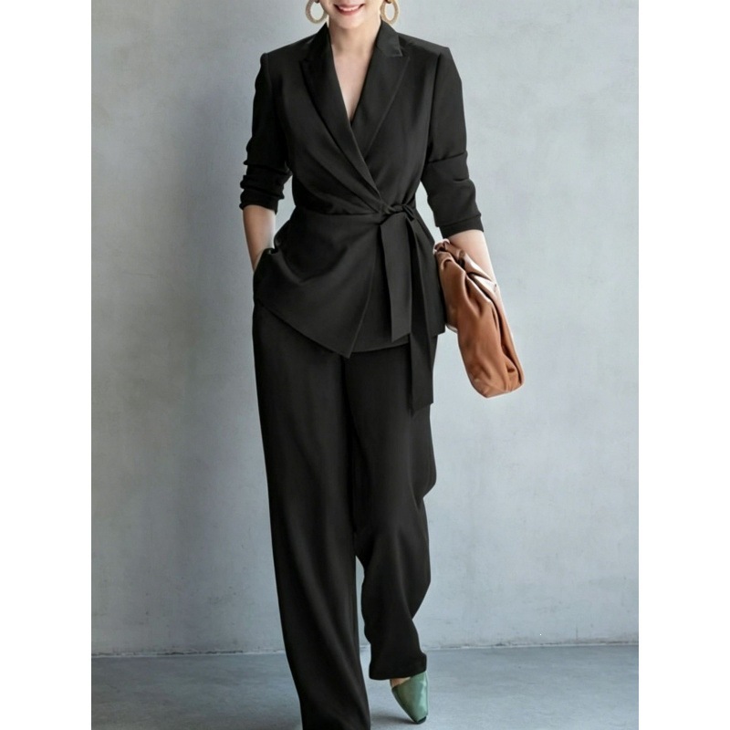 Women's Solid Color Blazer and Pants Set with Belt