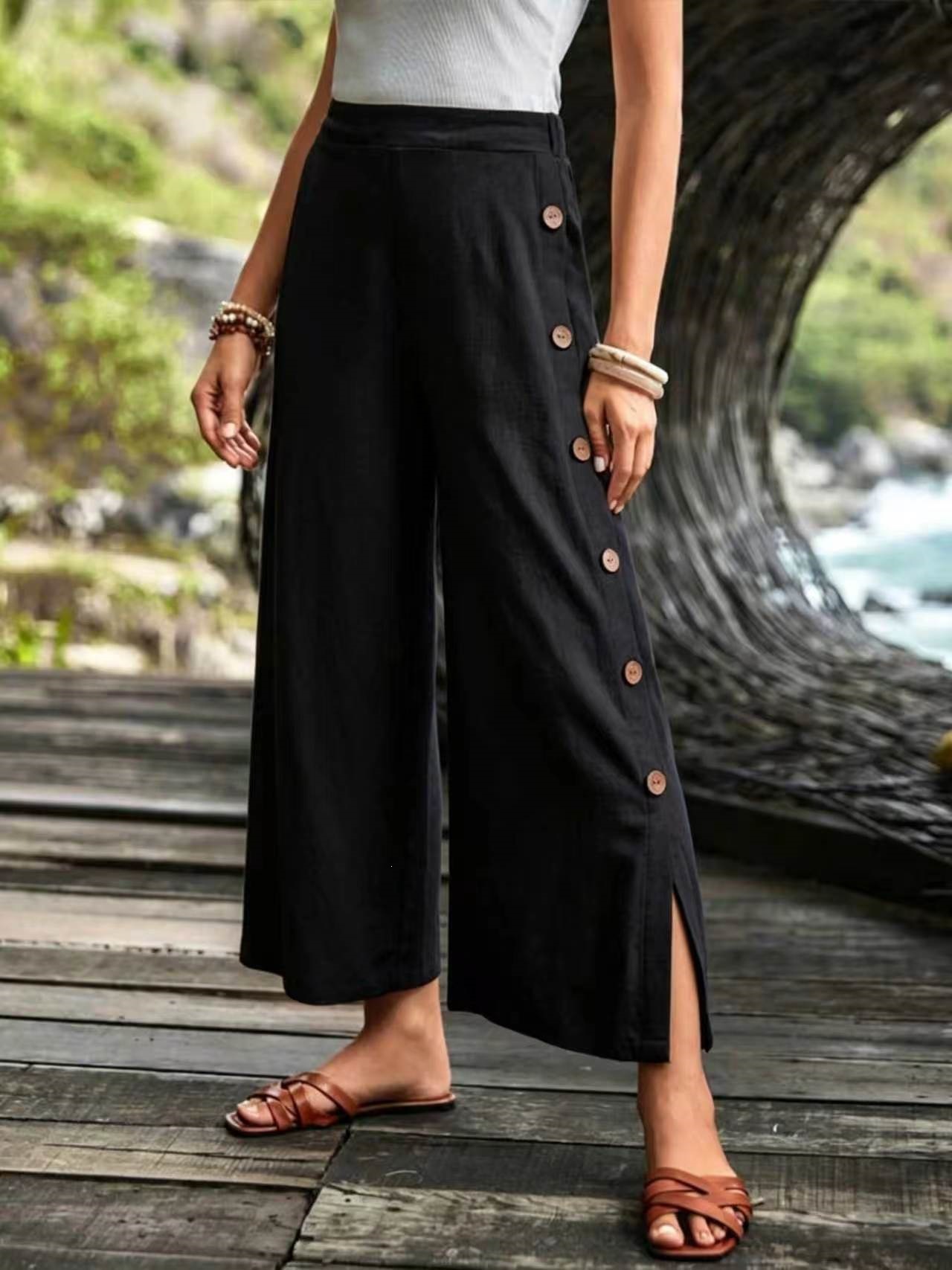 Cotton-Linen Wide-Leg Split Hem Pants