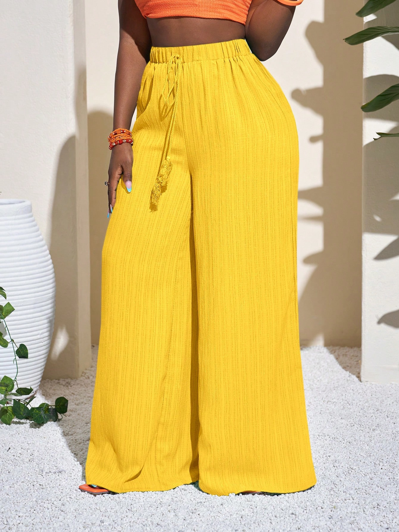 Women's High-Waist Wide-Leg Pants Casual Solid Color Drawstring
