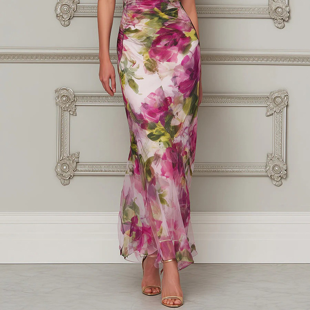 Women's Draped Neck Sleeveless Mermaid Maxi Dress Slim Fit Floral Print