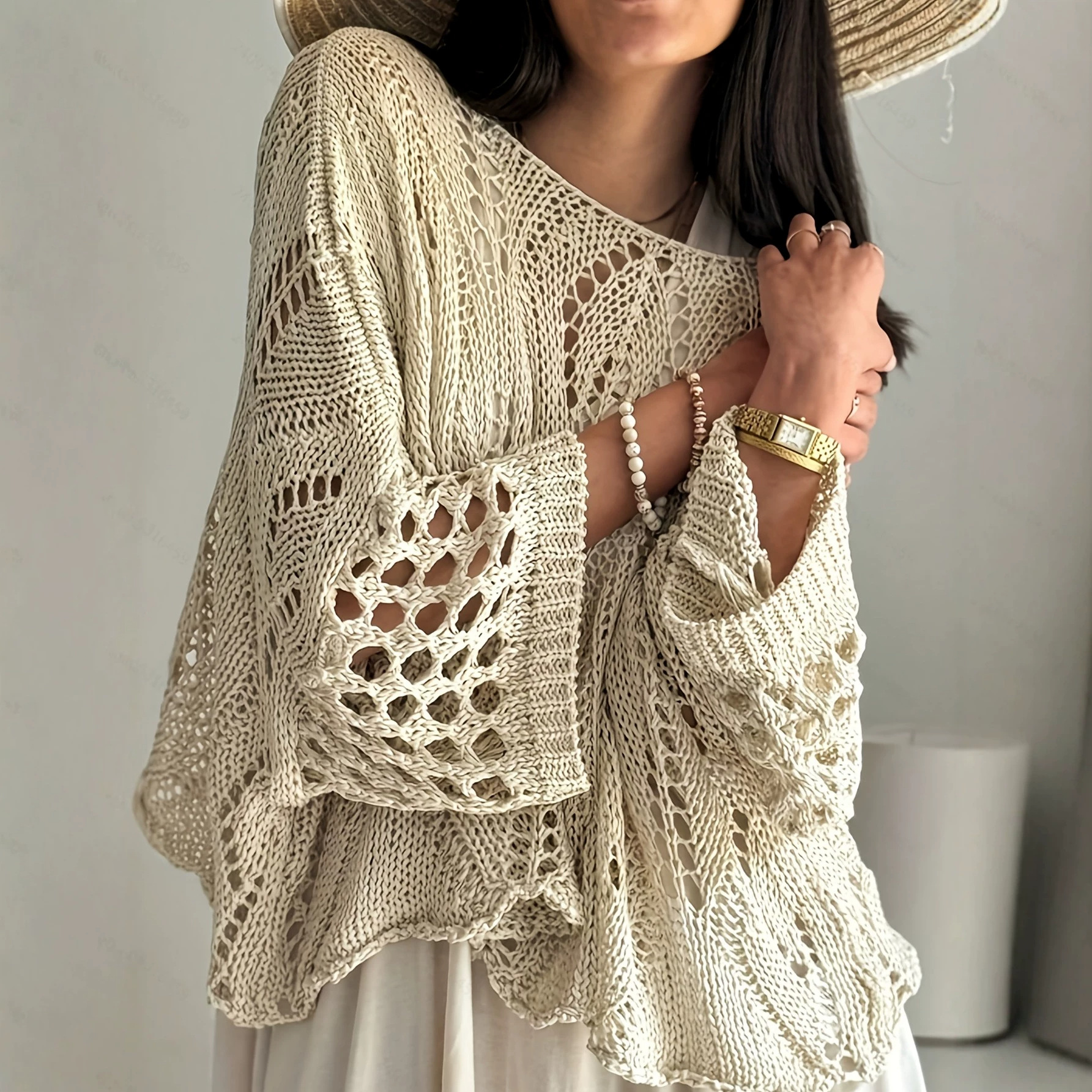 Women's Off-Shoulder Hollow-Out Knit Sweater Pullover