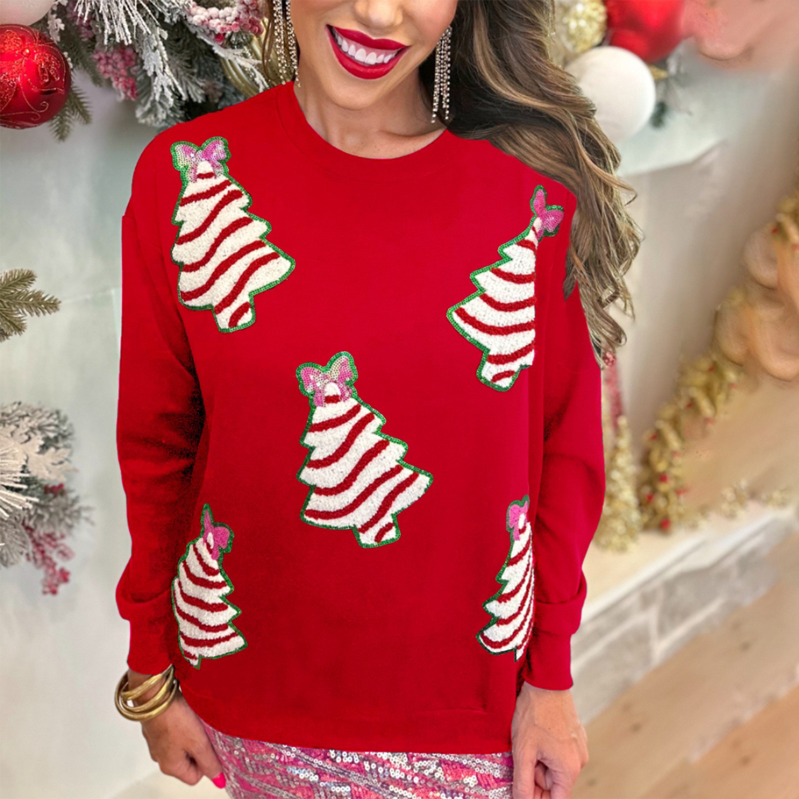 Sequin Christmas Tree Crewneck Loose Sweatshirt