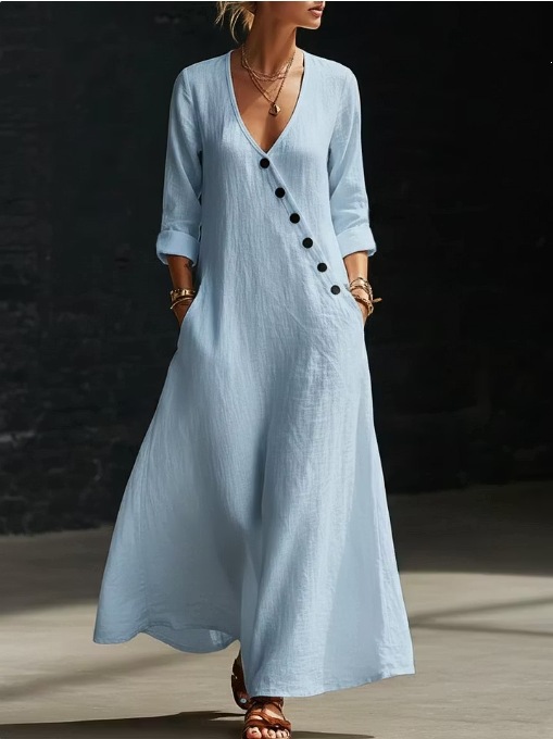 Women's V-Neck Button-Front A-Line Maxi Dress