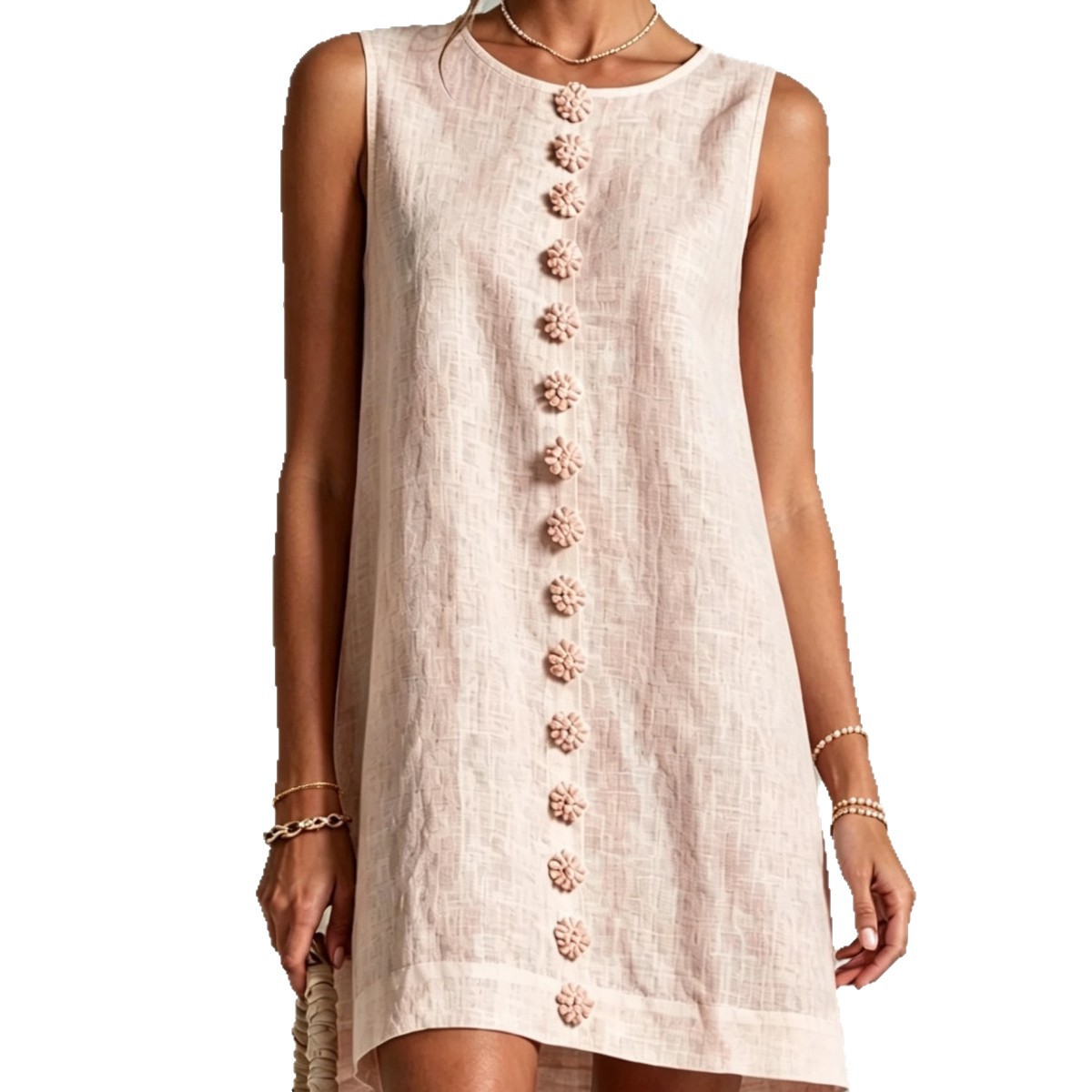 Sleeveless Round Neck Shell Button Front Slit Fitted Dress