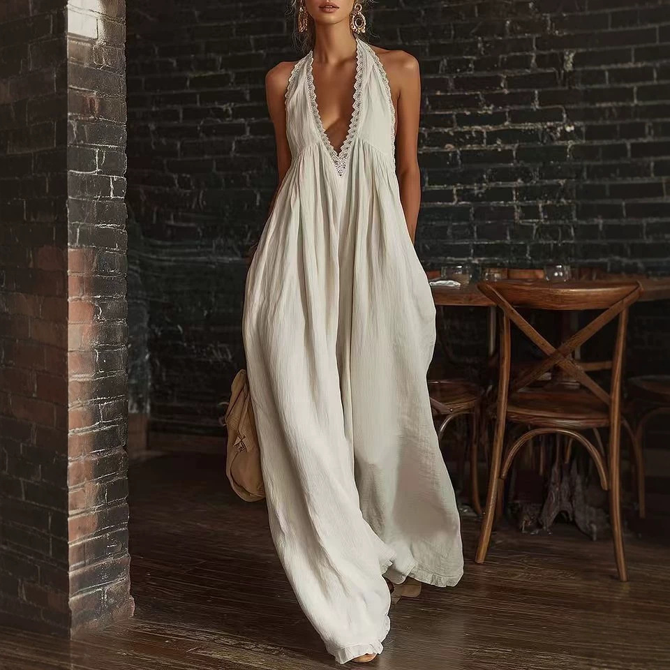 Women's Lace Trim Loose Linen Jumpsuit Casual Elegant Sleeveless