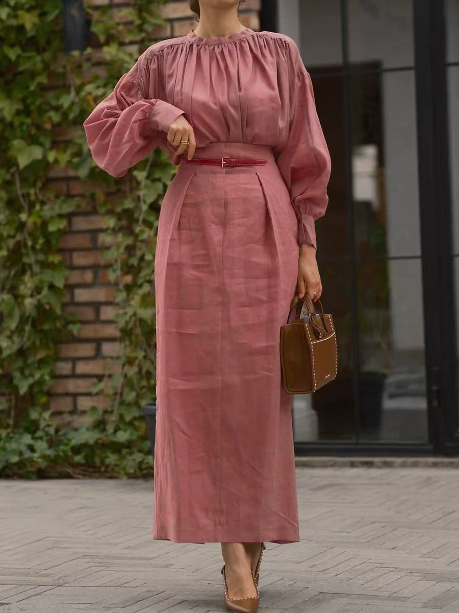 French-Style Long Sleeve Solid Shirt and Long Skirt Set