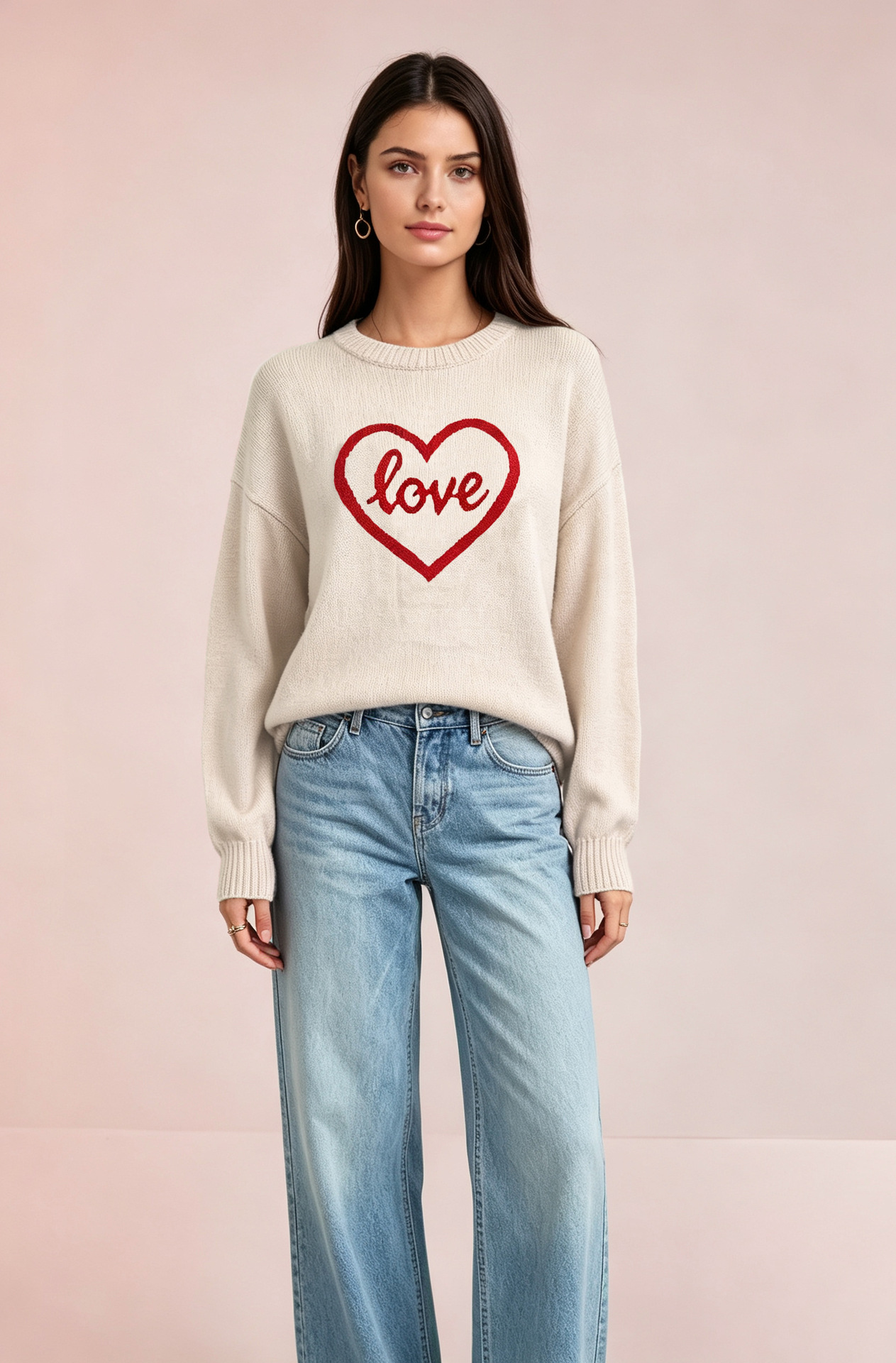Heart Knit Sweater for Women Crewneck Long Sleeve Pullover
