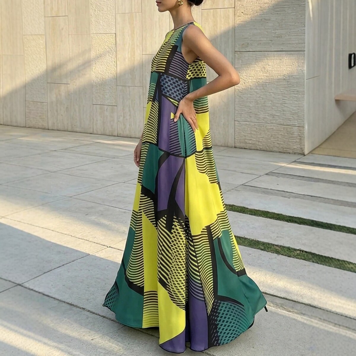 Color-Block Geometric Stripe Print Sleeveless Maxi Dress
